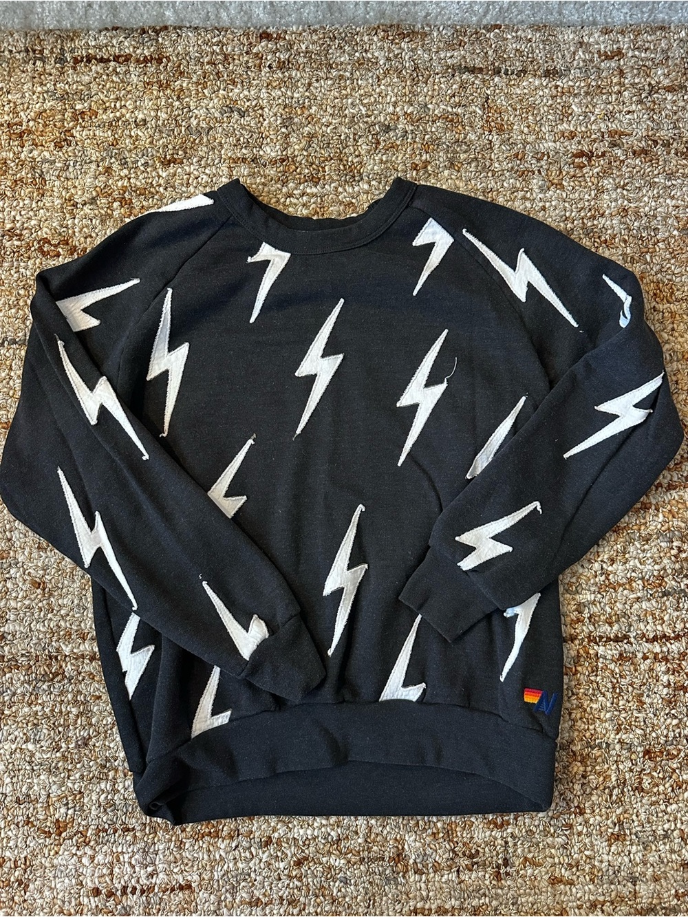 Rare Aviator Nation Black Crewneck Sweatshirt with White Lightning Bolts